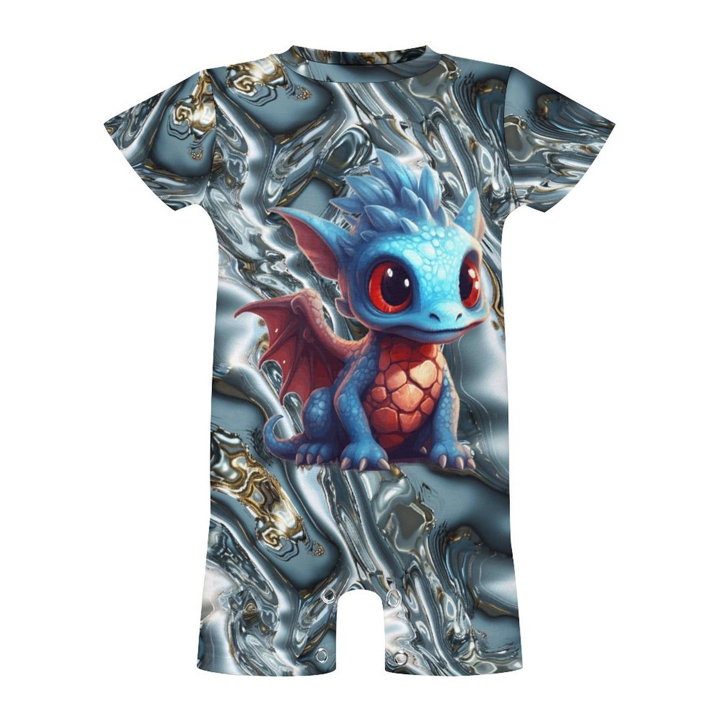 Baby Dragon on Silver Waves, Faux Cotton Short Sleeve Baby Bodysuit Romper