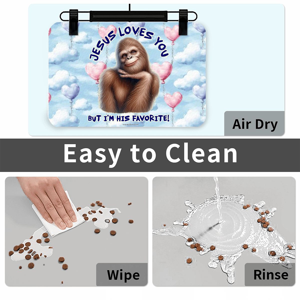 Bigfoot / Sasquatch, "Jesus Loves You...", Waterproof Pet Food Mat