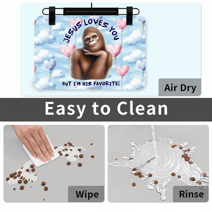 Bigfoot / Sasquatch, "Jesus Loves You...", Waterproof Pet Food Mat