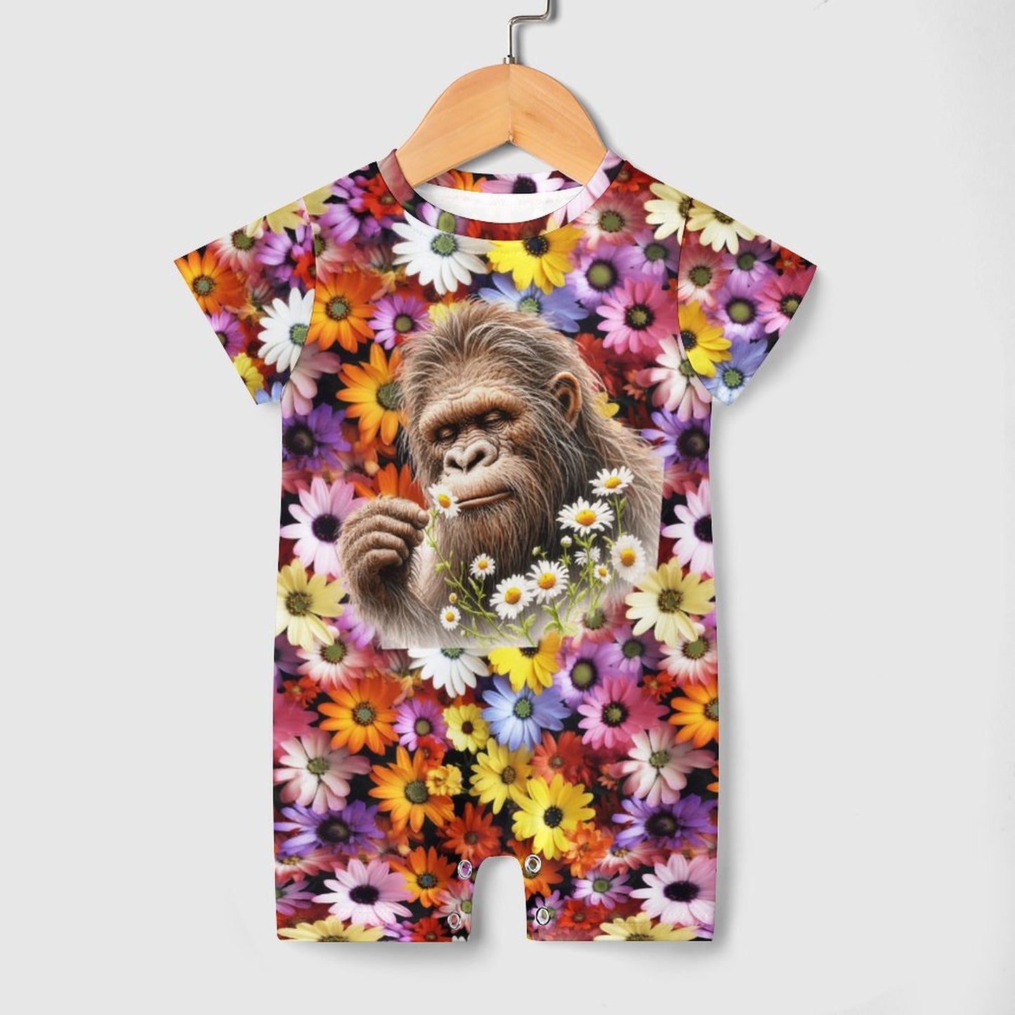 Bigfoot / Sasquatch Flowers, Faux Cotton Short Sleeve Baby Bodysuit Romper