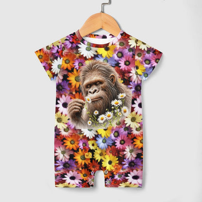 Bigfoot / Sasquatch Flowers, Faux Cotton Short Sleeve Baby Bodysuit Romper