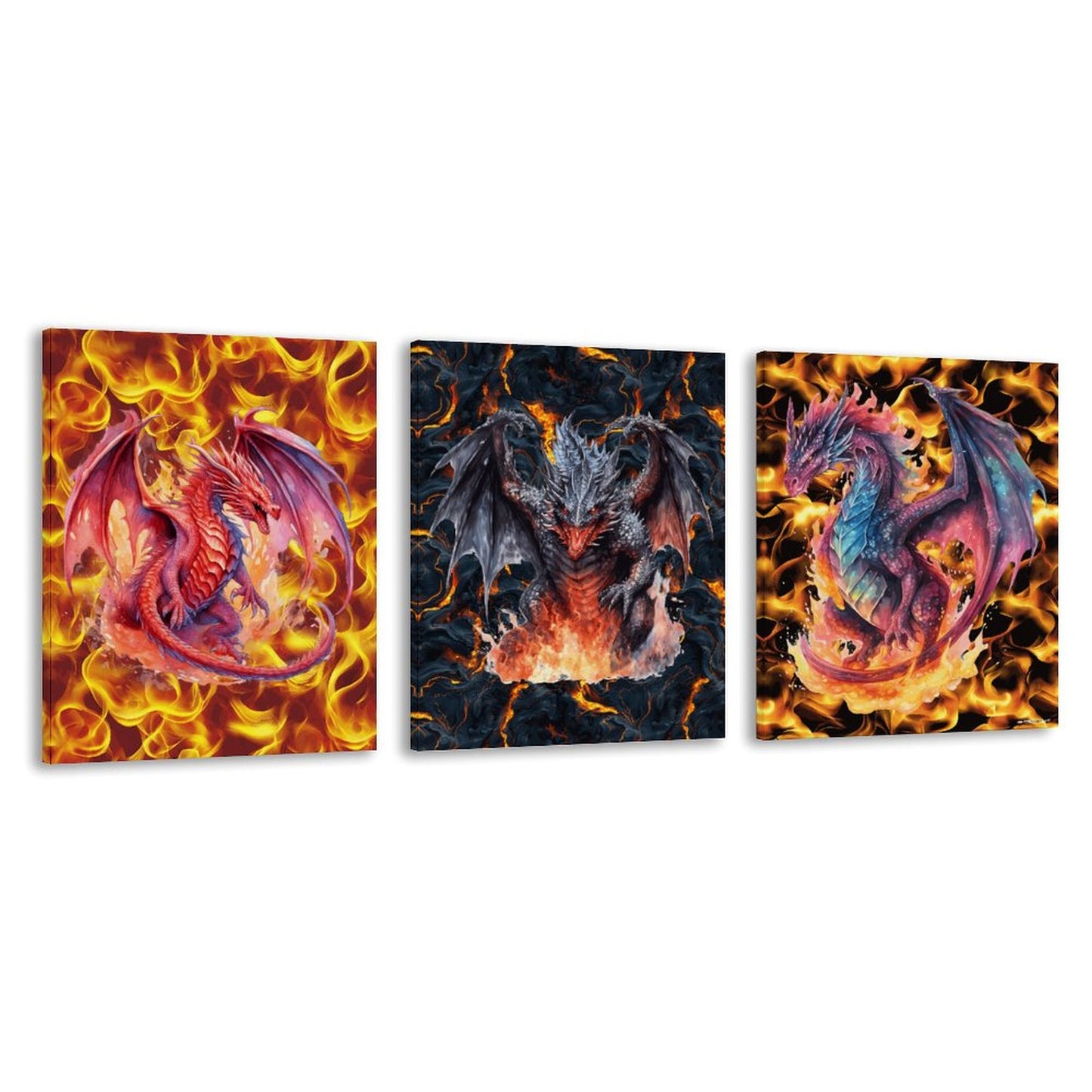 Fire Dragons Canvas Wall Art - 12”x 16” or 18”x24” (x 3) - Made In USA