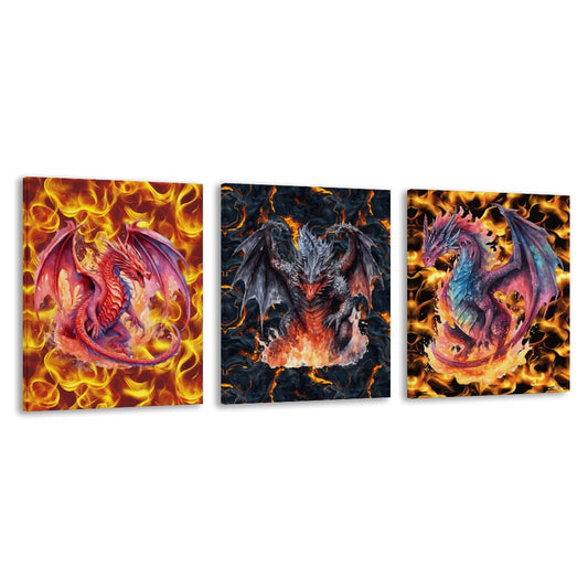 Fire Dragons Canvas Wall Art - 12”x 16” or 18”x24” (x 3) - Made In USA