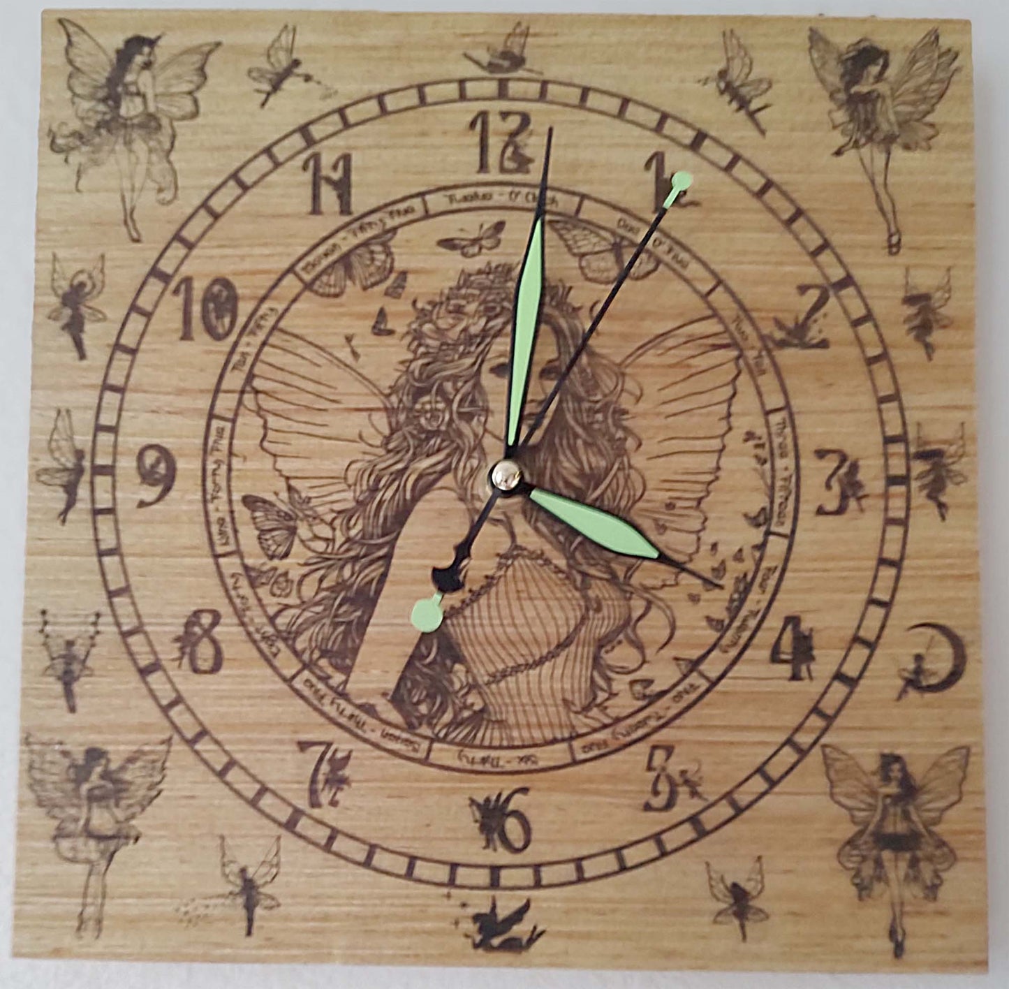 Hand Made Wood "Fairy" , Laser Etched Mechanic Clocks 2 Sizes