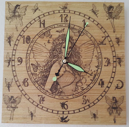 Hand Made Wood "Fairy" , Laser Etched Mechanic Clocks 2 Sizes