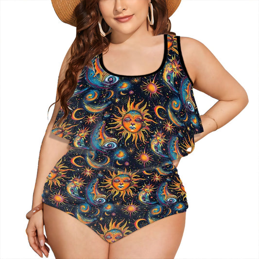 Zodiac Design, Plus Size Women Bikini Flowy, Ruffle Top Swimsuit
