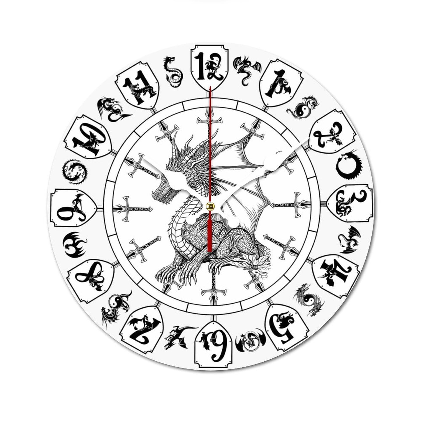 Dragon Themed, B & W Wooden Wall Clock