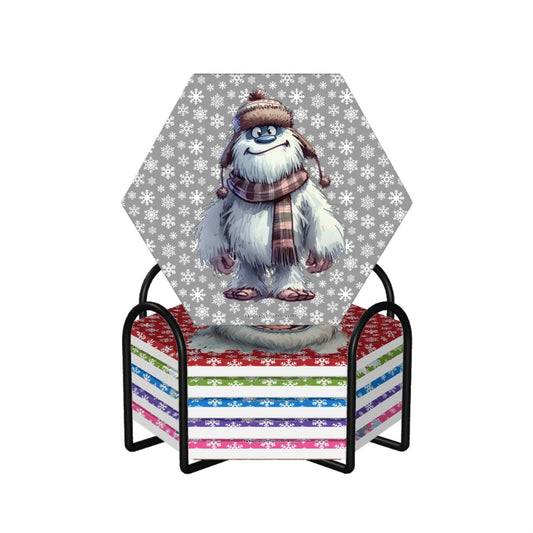 Yeti Themed, 6 Ceramic Coasters w metal stand