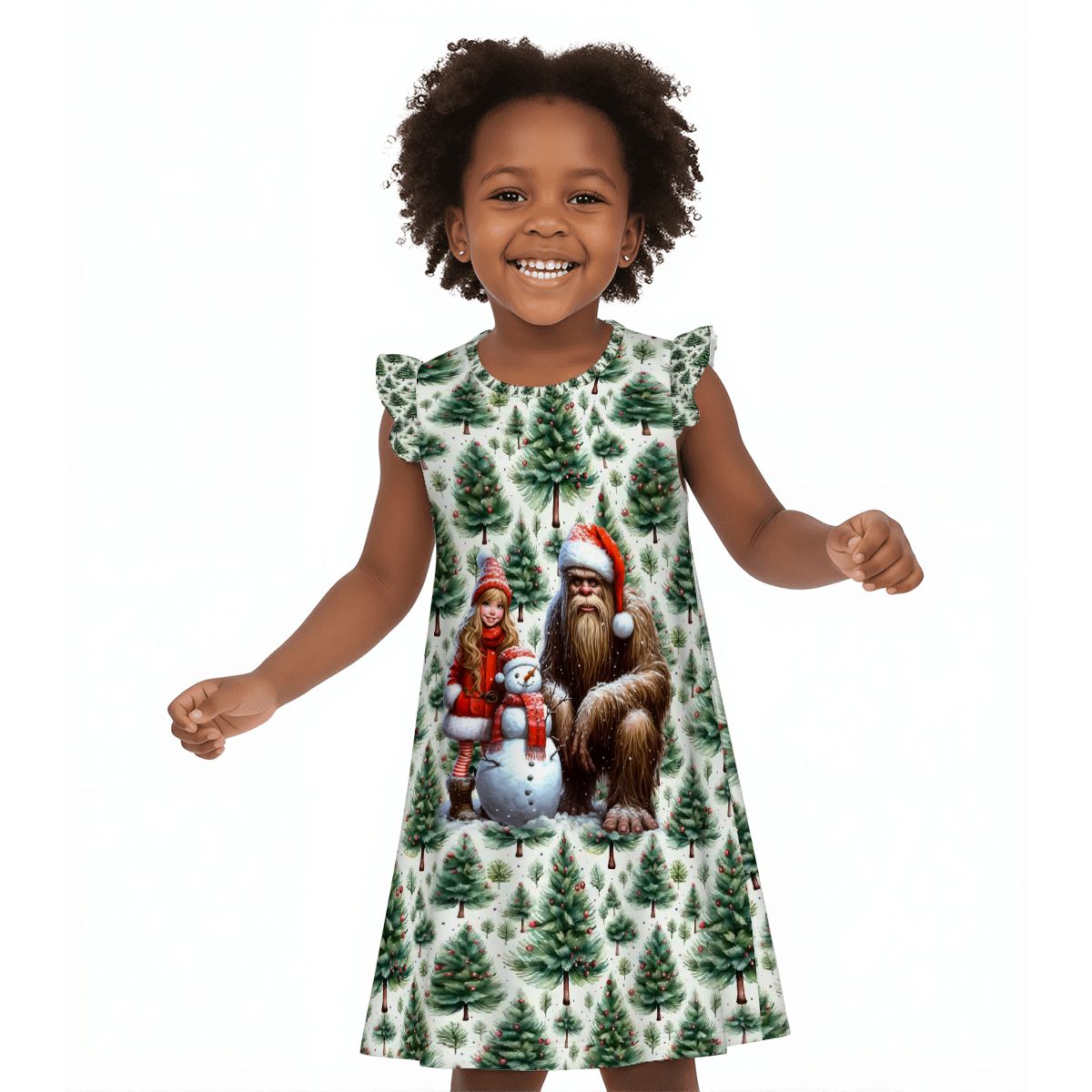 Sasquatch Santa and Girl, Girl's Flutter Sleeve Nightgown