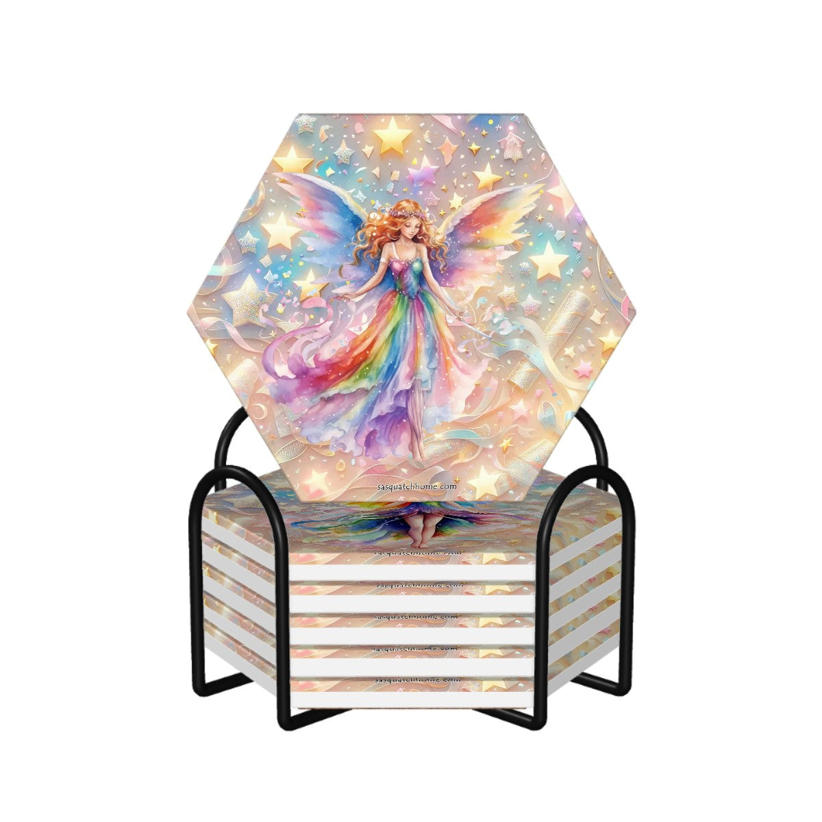Fairy Themed, 6 Ceramic Coasters w metal stand