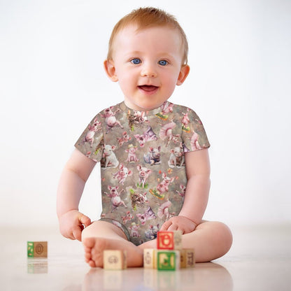 10 Animal Designs, Faux Cotton Short Sleeve Baby Bodysuit Romper