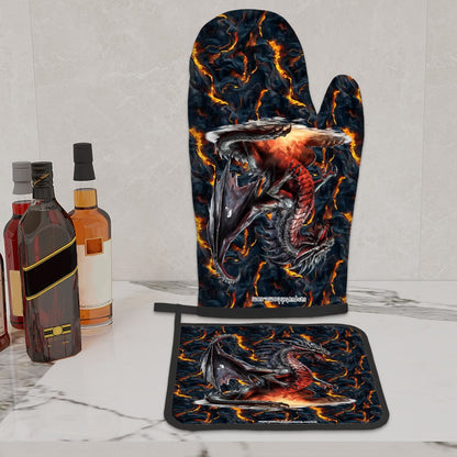 Set of 2 Oven Mitt and Pot Holder - Dragon & Lava