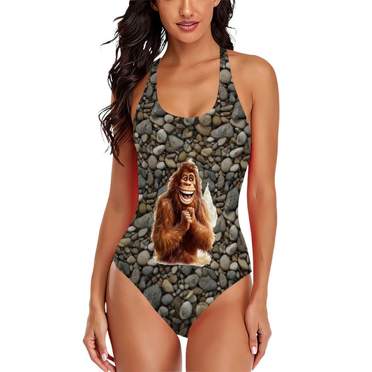 Happy Bigfoot, Sasquatch, Cross-Back One Piece Swimsuit