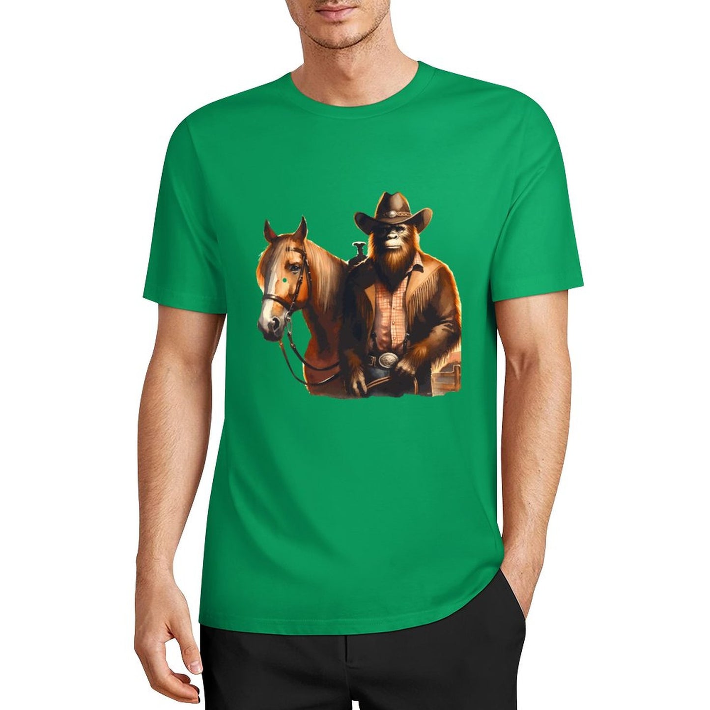 Bigfoot - Sasquatch Cowboy w Horse Short Sleeve Cotton T-Shirt