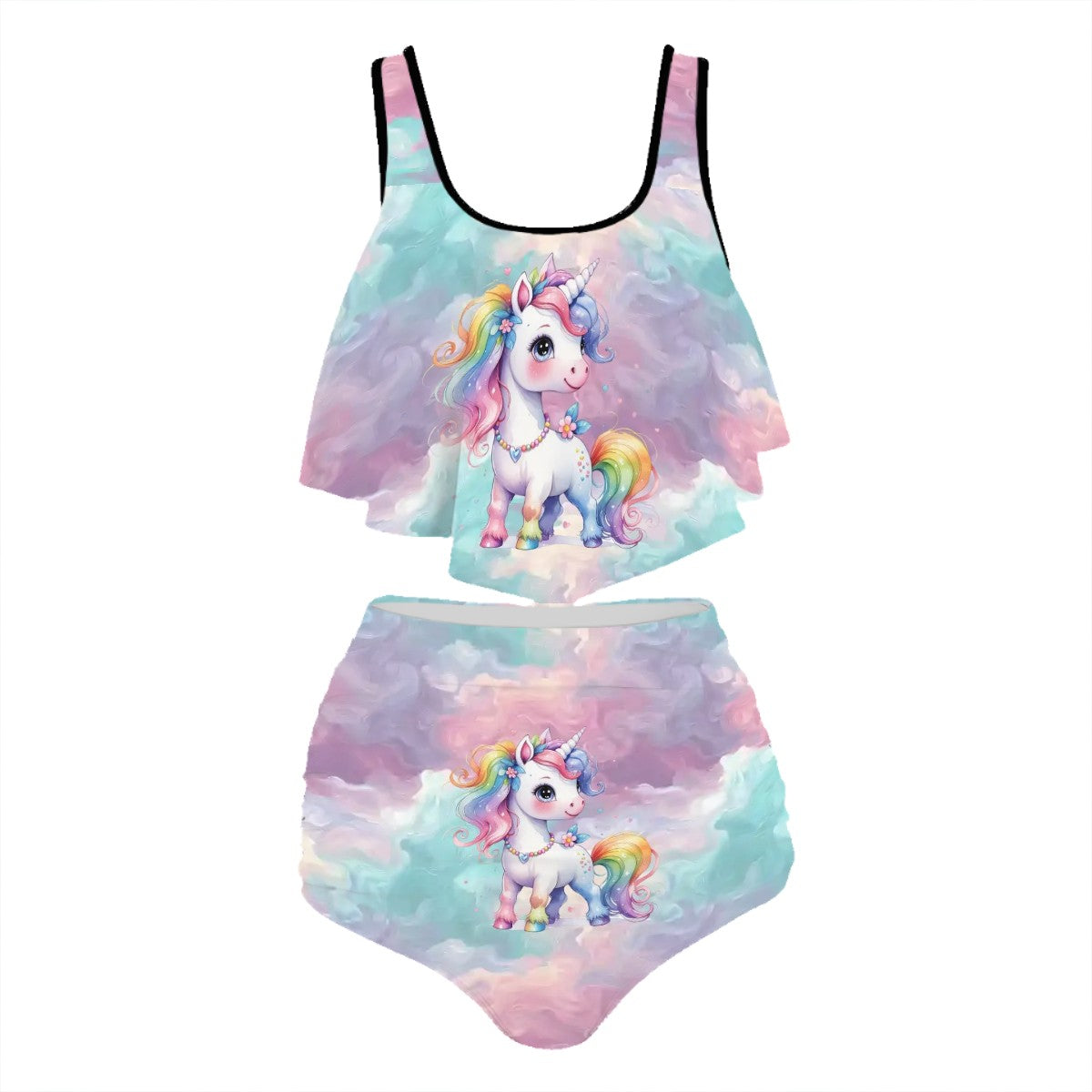 Unicorn, Plus Size Women Bikini Flowy, Ruffle Top Swimsuit