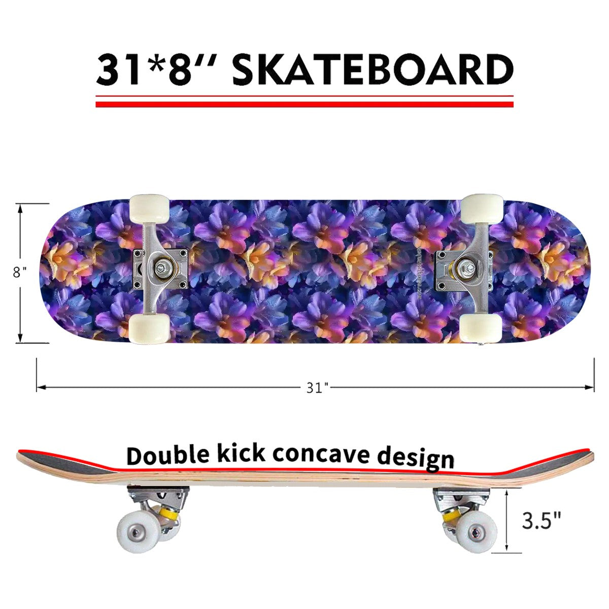 10 Flower Designs, High Density 7 Layer Skateboard, Made In USA