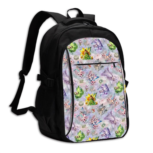 6 Fairy Designs, Large Capacity, Oxford Travel, Laptop Bag with USB Charger