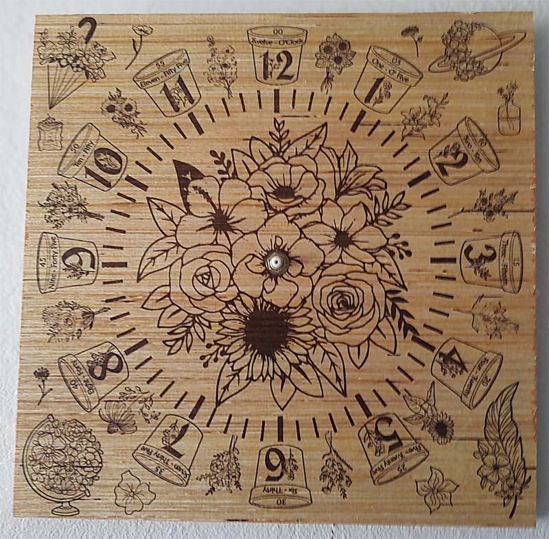 Hand Made Wood "Flower" , Laser Etched Mechanic Clocks 2 Sizes