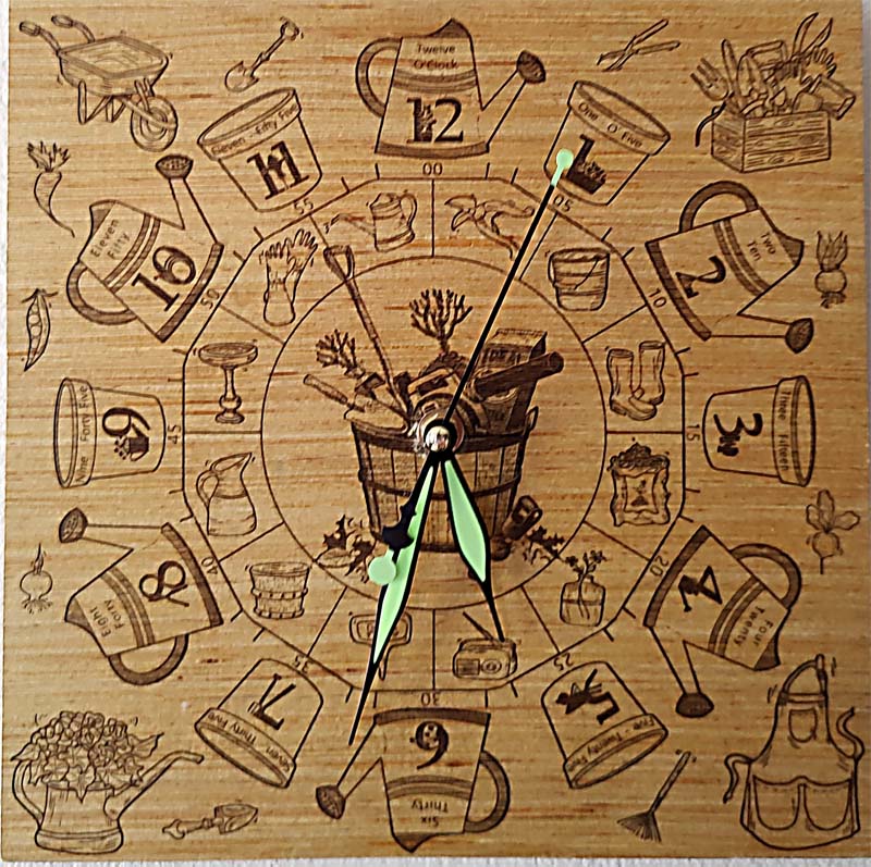 Hand Made Wood "Garden" , Laser Etched Mechanic Clocks 2 Sizes