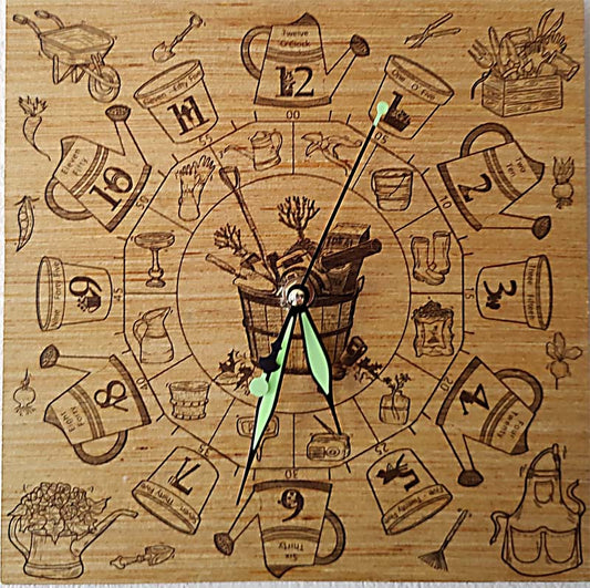 Hand Made Wood "Garden" , Laser Etched Mechanic Clocks 2 Sizes