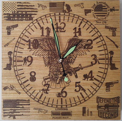 Hand Made Wood "Gun Rights" , Laser Etched Mechanic Clocks 2 Sizes
