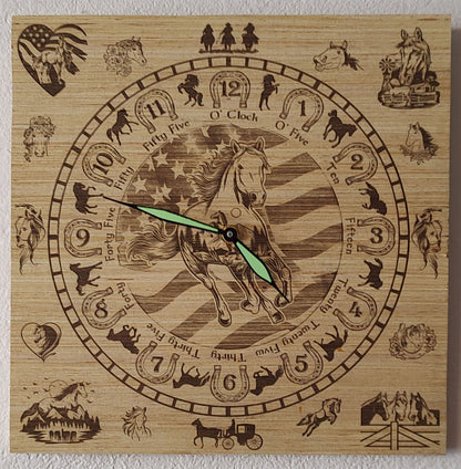 Hand Made Wood "Horse" , Laser Etched Mechanic Clocks 2 Sizes