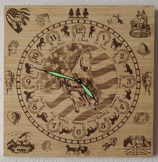 Hand Made Wood "Horse" , Laser Etched Mechanic Clocks 2 Sizes
