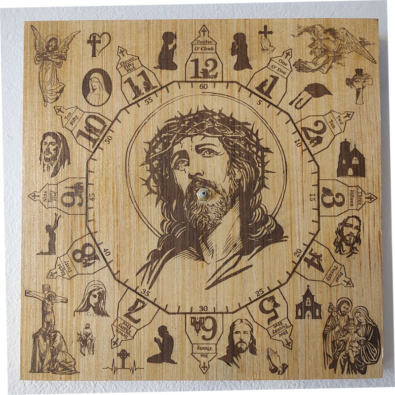 Hand Made Wood "Jesus" , Laser Etched Mechanic Clocks 2 Sizes