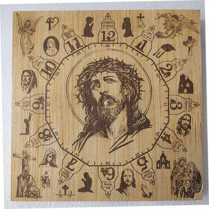Hand Made Wood "Jesus" , Laser Etched Mechanic Clocks 2 Sizes