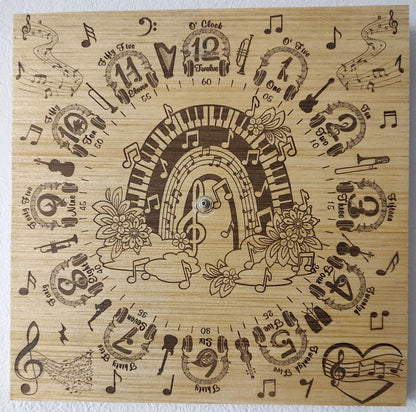Hand Made Wood "Musical" , Laser Etched Mechanic Clocks 2 Sizes
