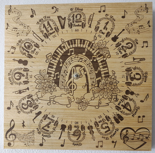 Hand Made Wood "Musical" , Laser Etched Mechanic Clocks 2 Sizes
