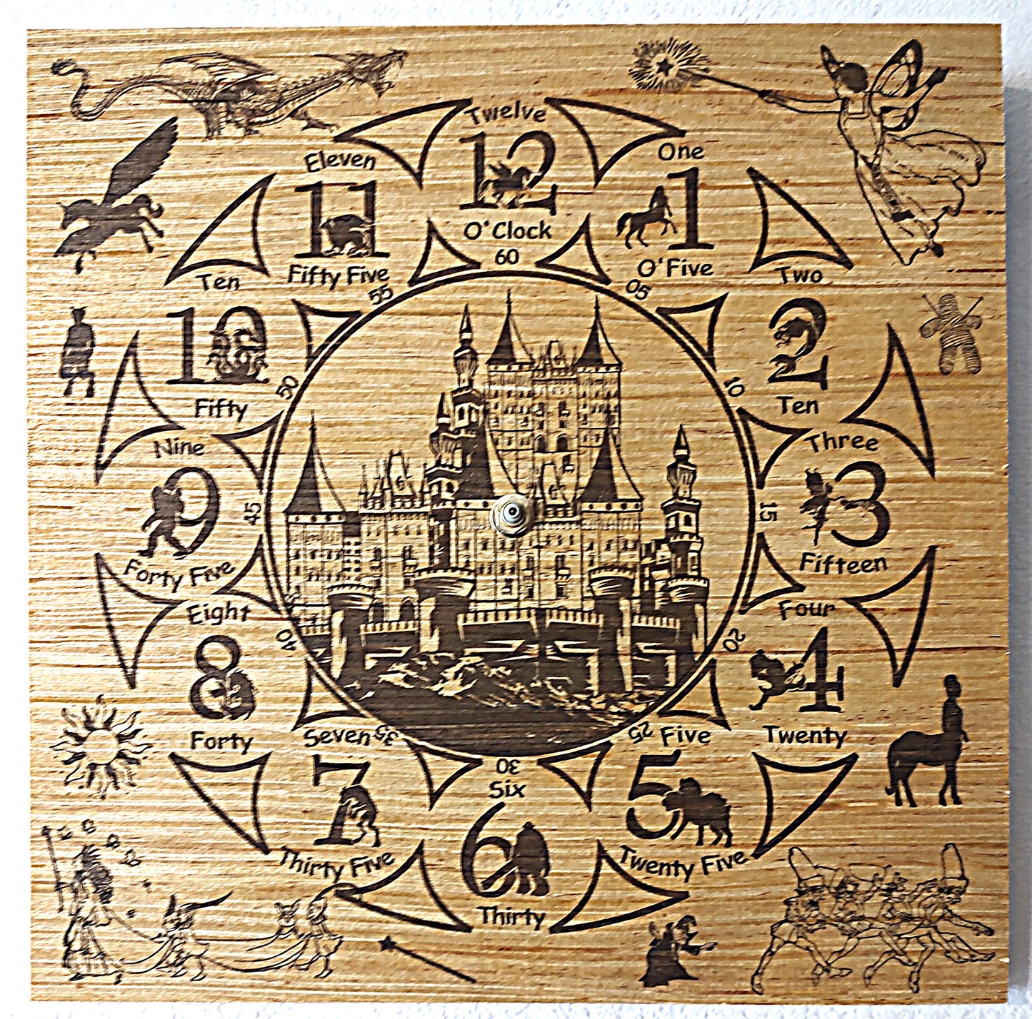 Hand Made Wood "Mythical Creatures" , Laser Etched Mechanic Clocks 2 Sizes