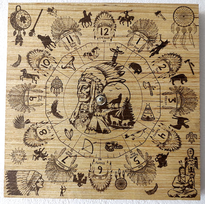 Hand Made Wood "Native American" , Laser Etched Mechanic Clocks 2 Sizes
