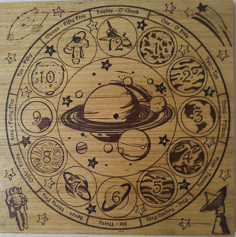 Hand Made Wood "Outer Space" , Laser Etched Mechanic Clocks 2 Sizes