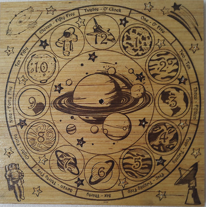 Hand Made Wood "Outer Space" , Laser Etched Mechanic Clocks 2 Sizes