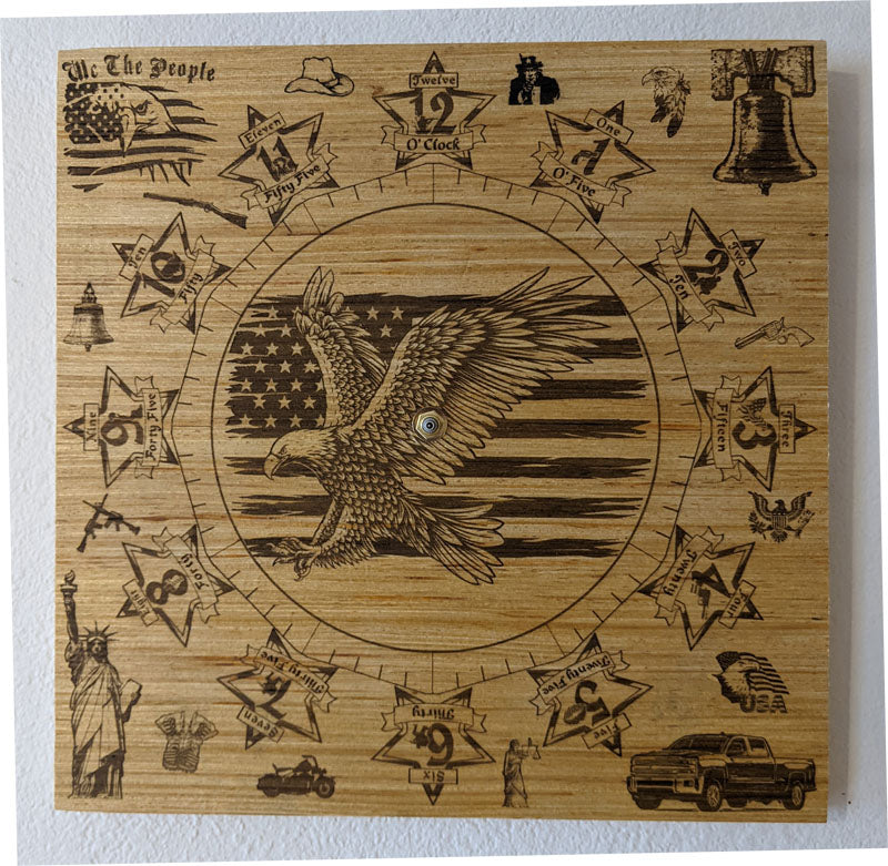 Hand Made Wood "Patriot Eagle" , Laser Etched Mechanic Clocks 2 Sizes