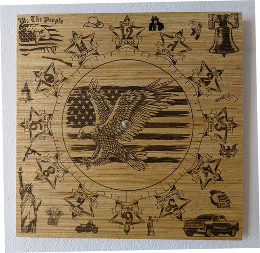 Hand Made Wood "Patriot Eagle" , Laser Etched Mechanic Clocks 2 Sizes