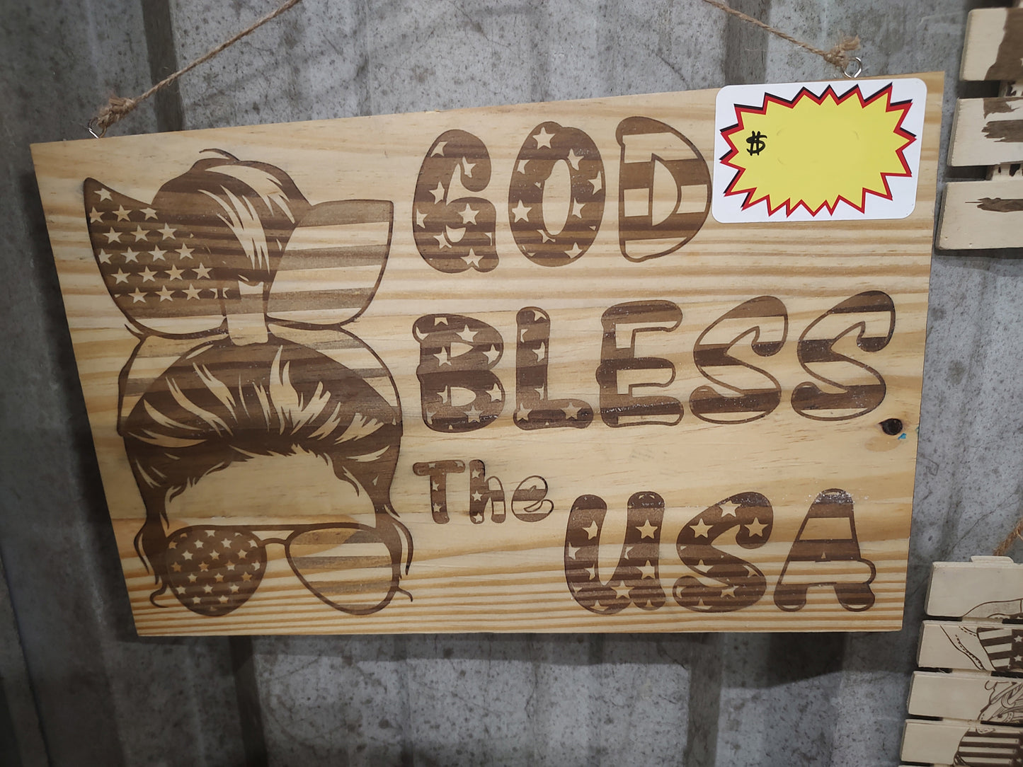 10" x 12" Pine Plaque Top Hanging Sign, God Bless the USA