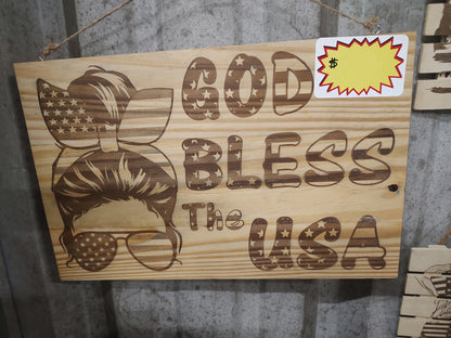 10" x 12" Pine Plaque Top Hanging Sign, God Bless the USA