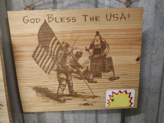 10" x 12" Pine Plaque Top Hanging Sign, Astronauts "God Bless the USA!"