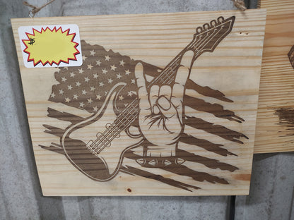 10" x 12" Pine Plaque Top Hanging Sign, Rock N Roll Hand Flag