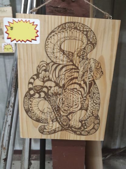 10" x 12" Pine Plaque Top Hanging Sign, Tiger & Snake