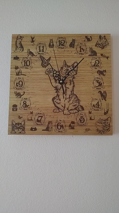 Hand Made Wood "Cat & Butterfly" , Laser Etched Mechanic Clocks 2 Sizes