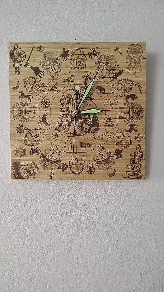 Hand Made Wood "Native American" , Laser Etched Mechanic Clocks 2 Sizes