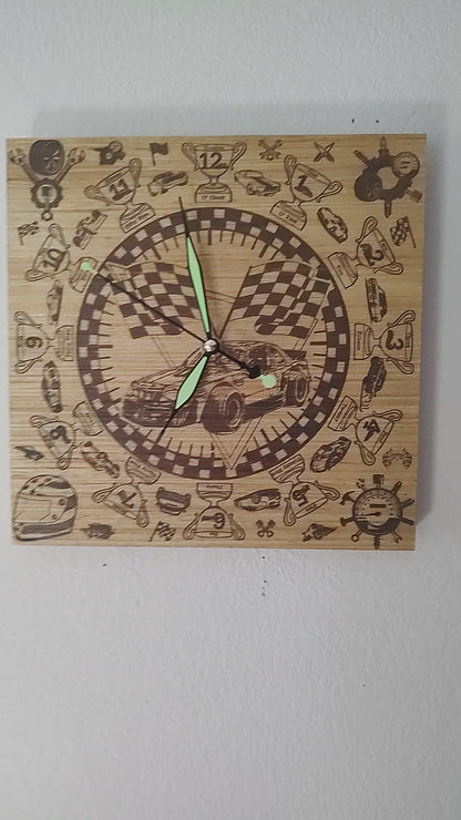 Hand Made Wood "Race Car , Laser Etched Mechanic Clocks 2 Sizes