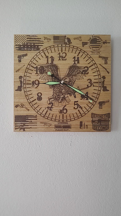Hand Made Wood "Gun Rights" , Laser Etched Mechanic Clocks 2 Sizes
