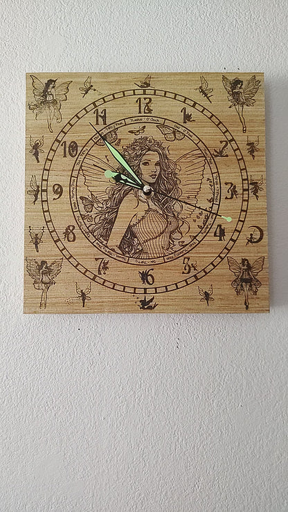 Hand Made Wood "Fairy" , Laser Etched Mechanic Clocks 2 Sizes