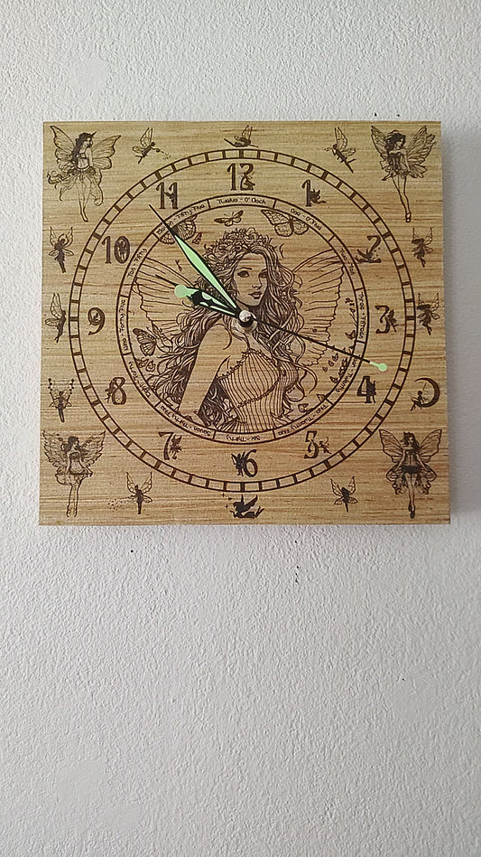 Hand Made Wood "Fairy" , Laser Etched Mechanic Clocks 2 Sizes