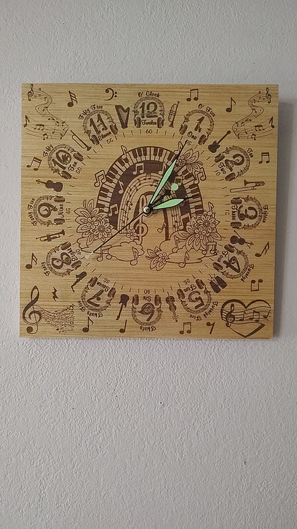 Hand Made Wood "Musical" , Laser Etched Mechanic Clocks 2 Sizes