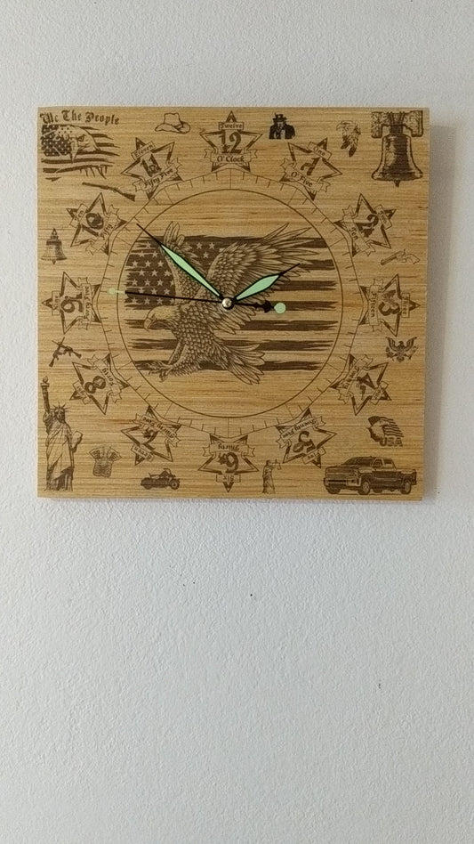 Hand Made Wood "Patriot Eagle" , Laser Etched Mechanic Clocks 2 Sizes